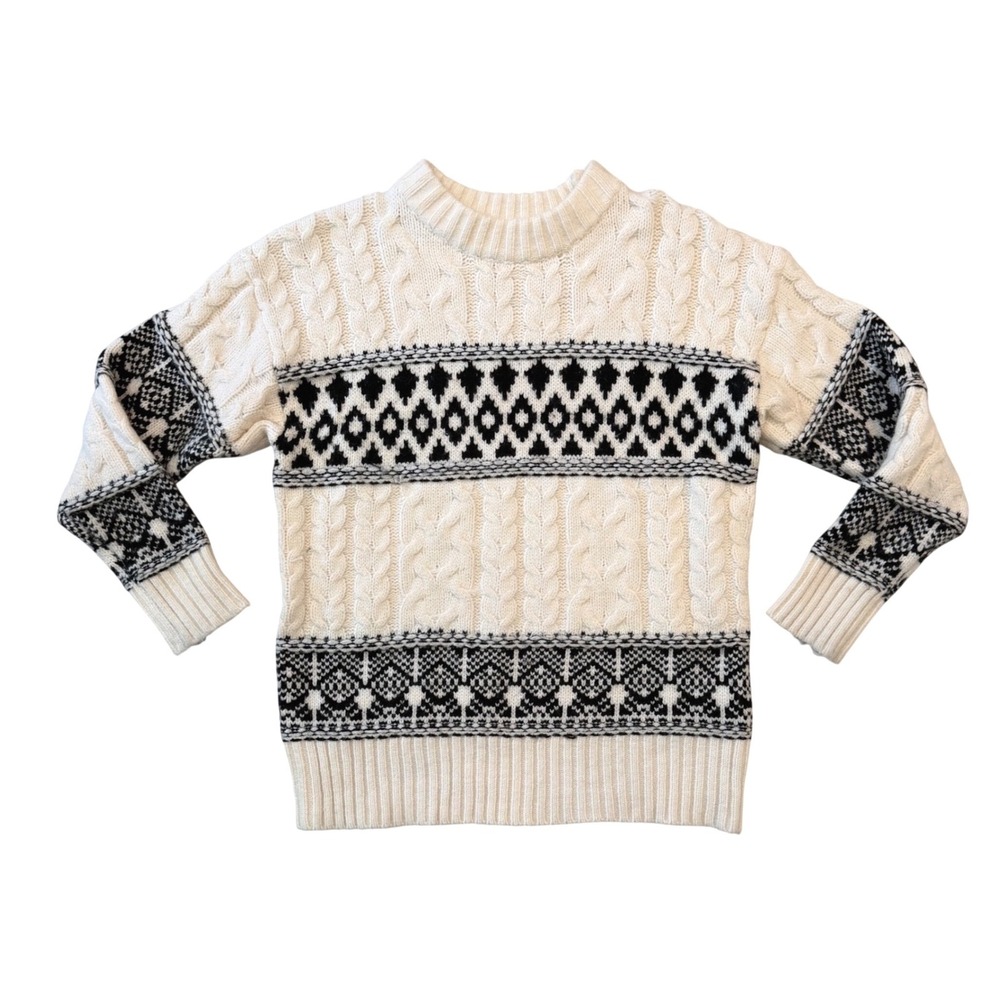 Line & Dot Montana Fair Isle Sweater Cable Knit Chunky Cream Black XS NWOT